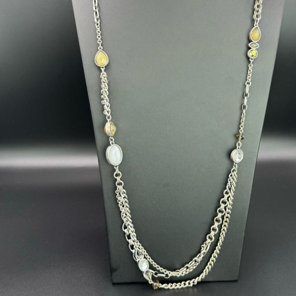 Loft Vintage Triple Strand Silver Tone Acrylic Amber White Onyx Chain Necklace